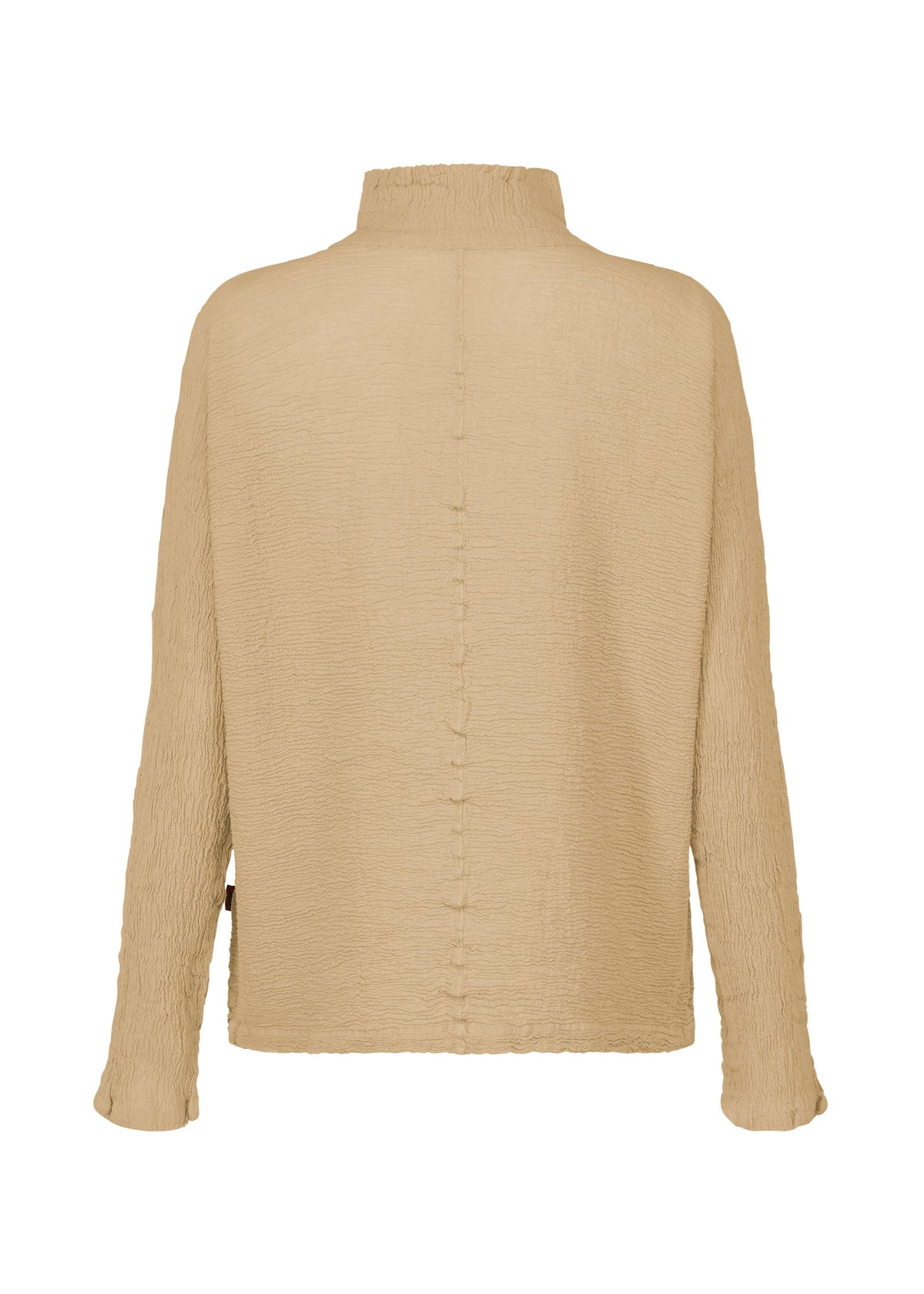 The HaaT KYO CHIJIMI 2WAY JANUARY 2 top in beige is shown from the back, with a high collar, long sleeves, a central vertical seam, and a subtly textured finish from hard-twist yarn. view 2 of 7
