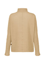 The HaaT KYO CHIJIMI 2WAY JANUARY 2 top in beige is shown from the back, with a high collar, long sleeves, a central vertical seam, and a subtly textured finish from hard-twist yarn.