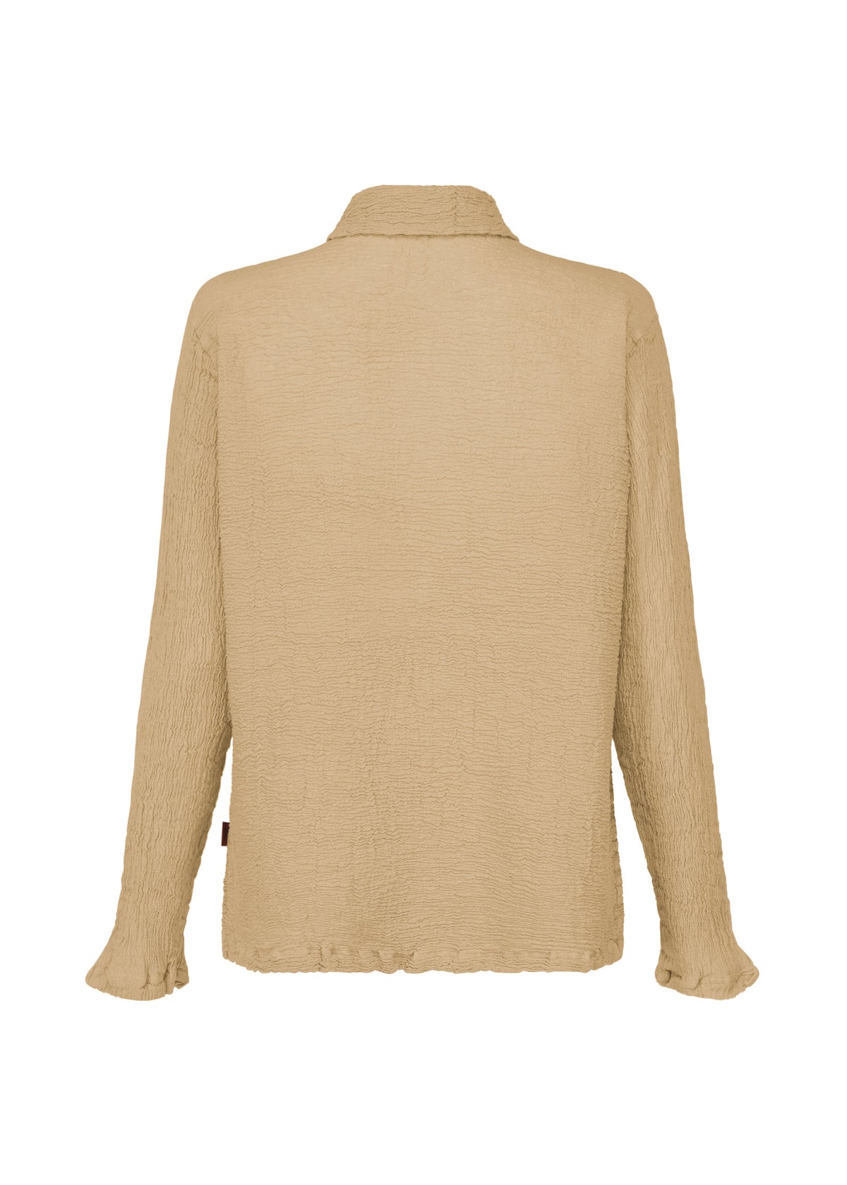 The HaaT KYO CHIJIMI 2WAY JANUARY 2 shirt in beige is shown from the back. It features a collar, relaxed fit, and subtly ruffled cuffs, with garment dyeing adding texture and depth to its sophisticated look. view 2 of 7