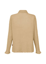 The HaaT KYO CHIJIMI 2WAY JANUARY 2 shirt in beige is shown from the back. It features a collar, relaxed fit, and subtly ruffled cuffs, with garment dyeing adding texture and depth to its sophisticated look.