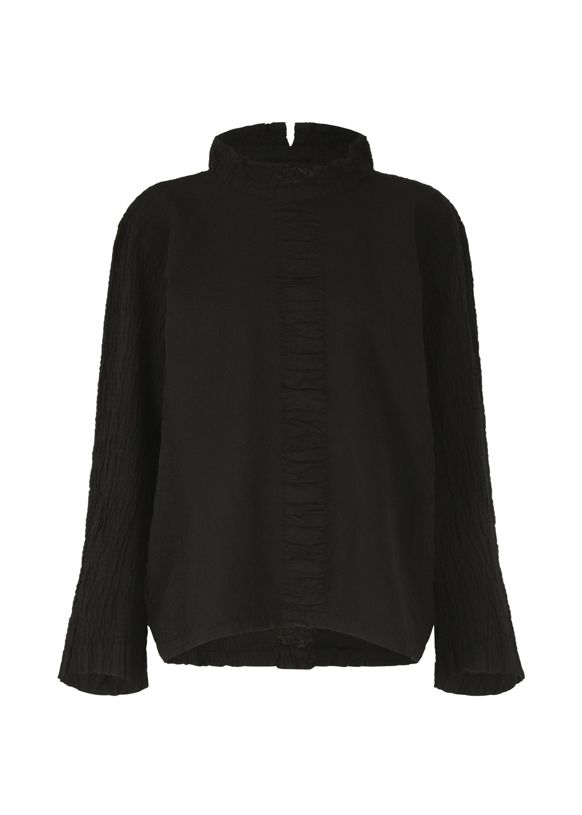 The TENMOKU COTTON blouse by HaaT is a black, garment-dyed long-sleeve top featuring textured stretch sleeves, a high collar, central front seam, and a subtly curved hem. view 1 of 7
