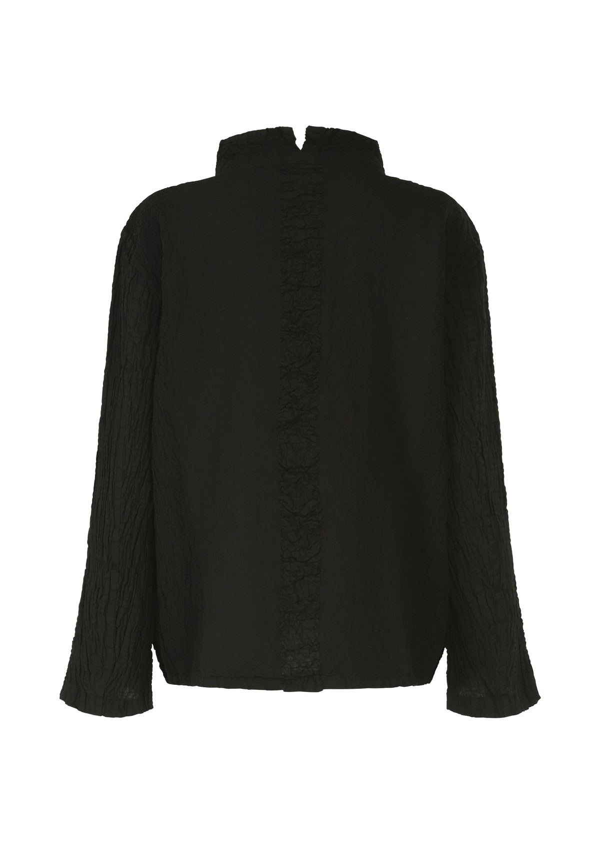 The HaaT TENMOKU COTTON is a black, garment-dyed long-sleeve blouse with a subtle crinkled texture, standing collar, and vertical ruffled back seam, shown against a white background. view 2 of 7