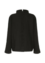 The HaaT TENMOKU COTTON is a black, garment-dyed long-sleeve blouse with a subtle crinkled texture, standing collar, and vertical ruffled back seam, shown against a white background.