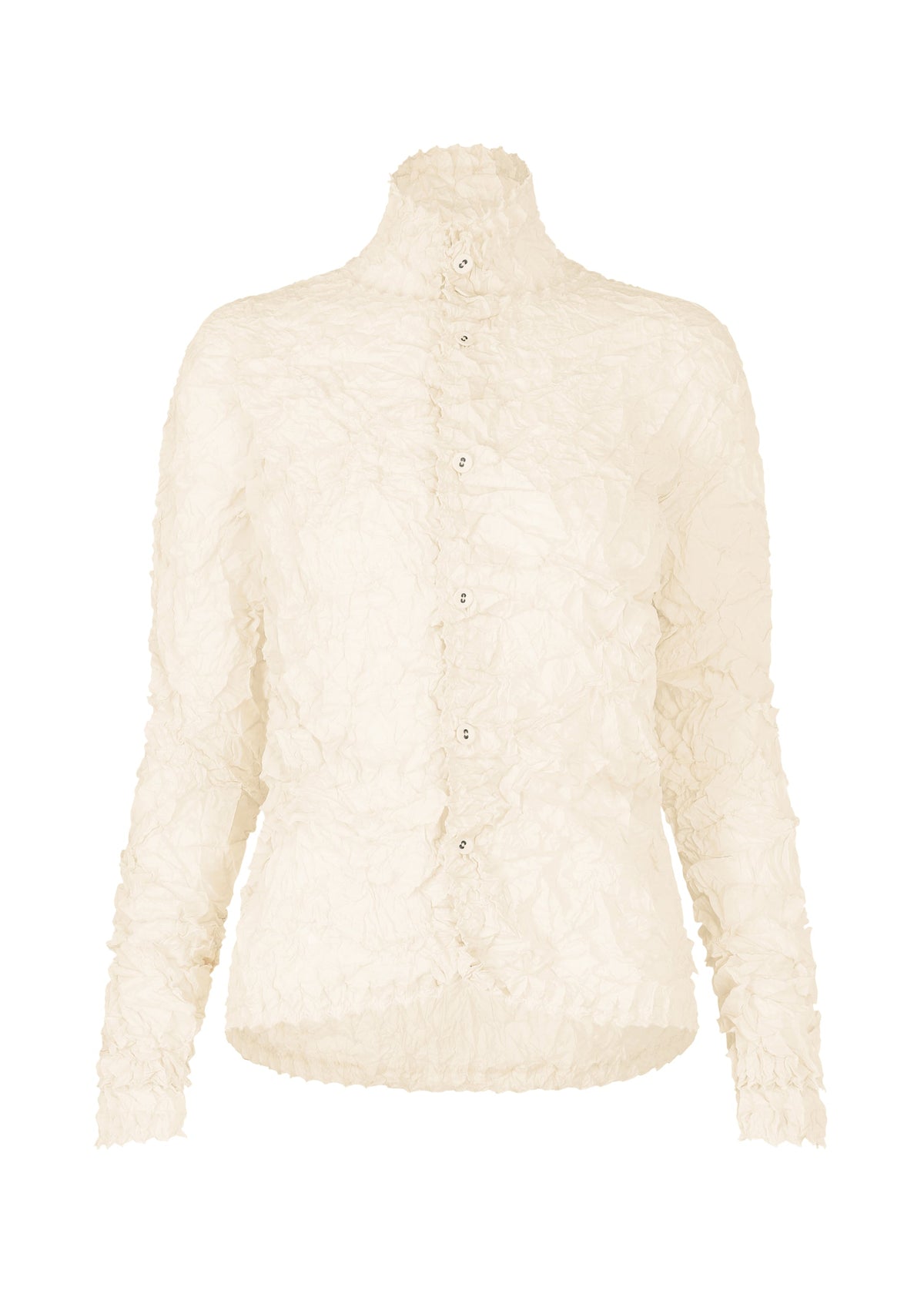 The KUMO SHIBORI SHIRT by HaaT is a cream, long-sleeve, high-neck blouse with a crinkled texture and front buttons, inspired by intricate Arimatsu Shibori patterns. view 1 of 9
