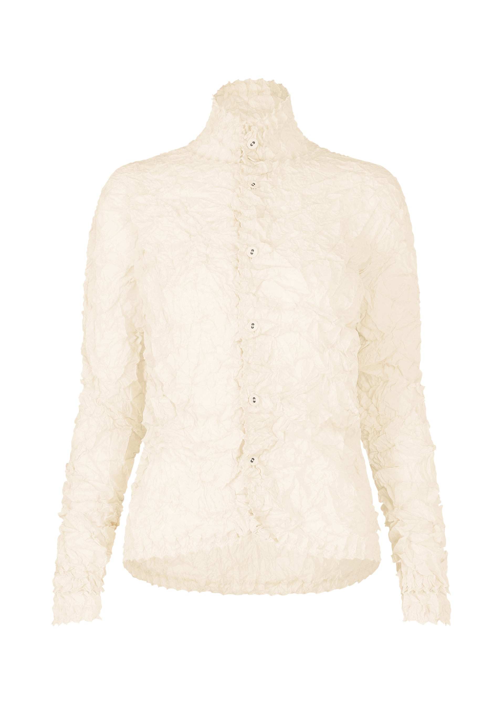Zoomed view The KUMO SHIBORI SHIRT by HaaT is a cream, long-sleeve, high-neck blouse with a crinkled texture and front buttons, inspired by intricate Arimatsu Shibori patterns. - WHITE （no.01）