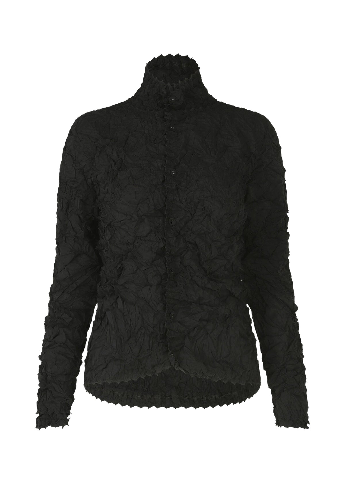The HaaT KUMO SHIBORI SHIRT is a black, long-sleeved, high-neck button-down blouse crafted from crinkled fabric and inspired by intricate Arimatsu Shibori patterns. view 2 of 9