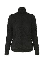 The HaaT KUMO SHIBORI SHIRT is a black, long-sleeved, high-neck button-down blouse crafted from crinkled fabric and inspired by intricate Arimatsu Shibori patterns. - BLACK （no.15）