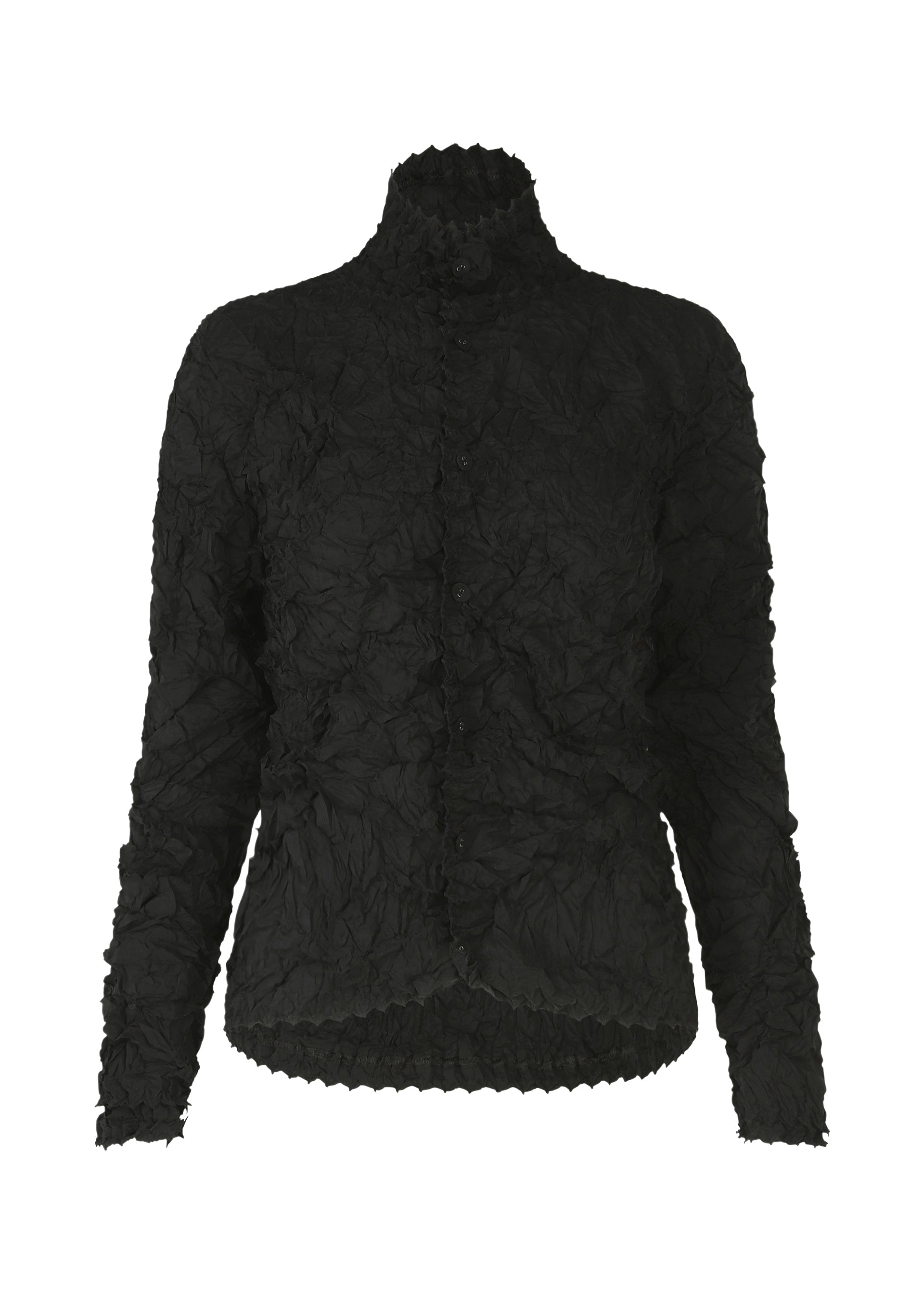 Zoomed view The HaaT KUMO SHIBORI SHIRT is a black, long-sleeved, high-neck button-down blouse crafted from crinkled fabric and inspired by intricate Arimatsu Shibori patterns. - BLACK （no.15）
