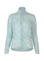 The HaaT KUMO SHIBORI SHIRT is a light blue, long-sleeve, high-neck blouse with a crinkled texture, front button closure, and ruffled details along the collar, placket, and cuffs. Inspired by Arimatsu Shibori. - LIGHT BLUE （no.70）