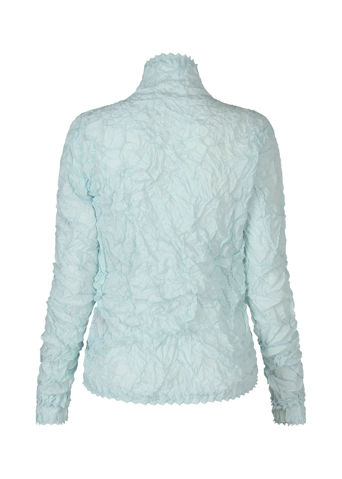 The HaaT KUMO SHIBORI SHIRT is a light blue, long-sleeve, high-neck top with crinkled fabric inspired by Arimatsu Shibori techniques, shown from the back against a white background. view 4 of 9