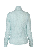 The HaaT KUMO SHIBORI SHIRT is a light blue, long-sleeve, high-neck top with crinkled fabric inspired by Arimatsu Shibori techniques, shown from the back against a white background.