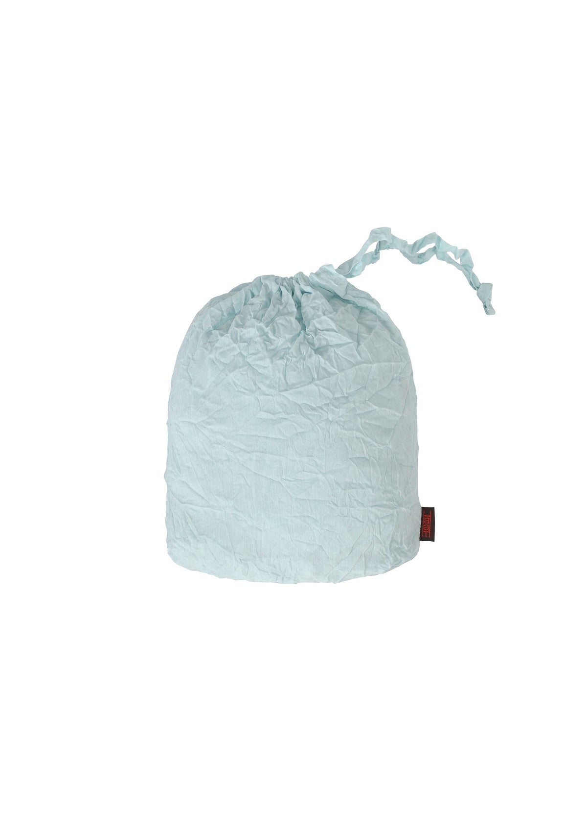 A light blue KUMO SHIBORI SHIRT by HaaT, featuring a crinkled Arimatsu Shibori-inspired texture, is displayed against a plain white background. A small black and red tag appears on the right side. view 5 of 9