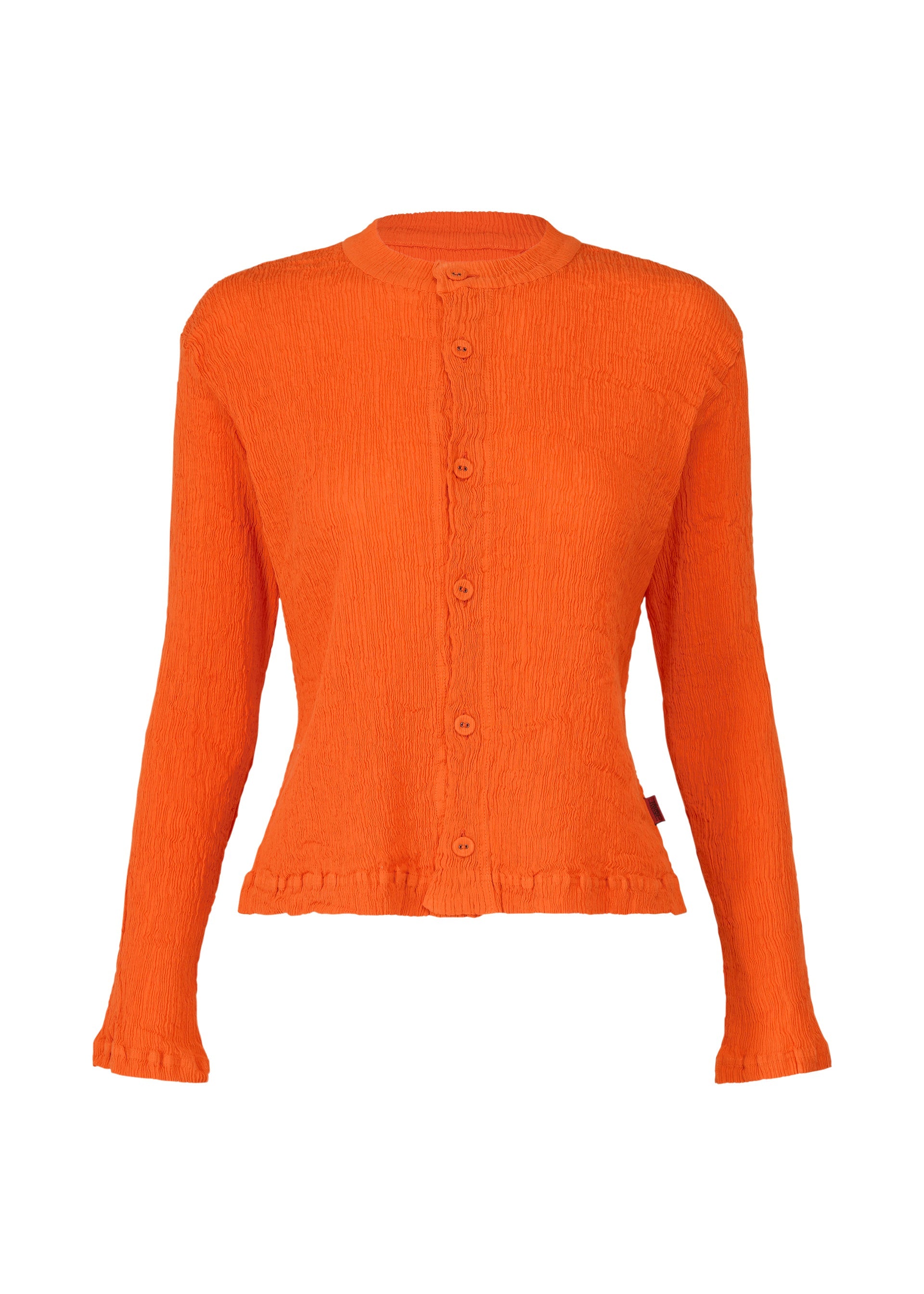 Zoomed view The HaaT KYO CHIJIMI MAY blouse is a bright orange, long-sleeve button-up with a fitted silhouette, round neckline, and subtle ruffle details at the hem and cuffs, crafted from ultra-fine cotton inspired by KYO CHIJIMI cardigans. - ORANGE （no.32）