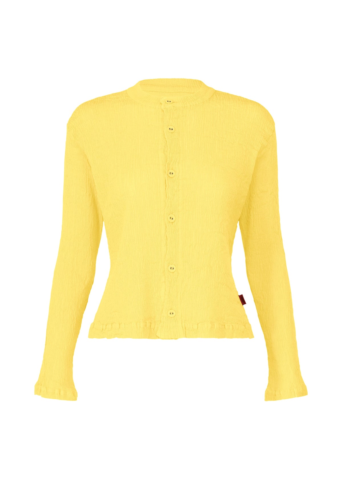 The HaaT KYO CHIJIMI MAY is a textured, yellow long-sleeve cardigan with button-up front and subtle frills at the cuffs and hem, crafted from ultra-fine cotton yarn, shown on a plain white background. view 2 of 8
