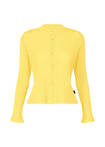 The HaaT KYO CHIJIMI MAY is a textured, yellow long-sleeve cardigan with button-up front and subtle frills at the cuffs and hem, crafted from ultra-fine cotton yarn, shown on a plain white background. - YELLOW （no.52）