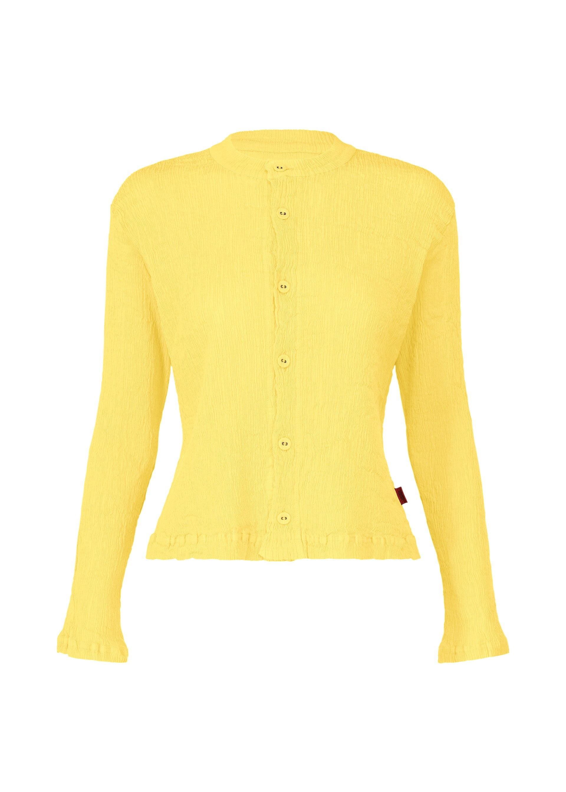 Zoomed view The HaaT KYO CHIJIMI MAY is a textured, yellow long-sleeve cardigan with button-up front and subtle frills at the cuffs and hem, crafted from ultra-fine cotton yarn, shown on a plain white background. - YELLOW （no.52）