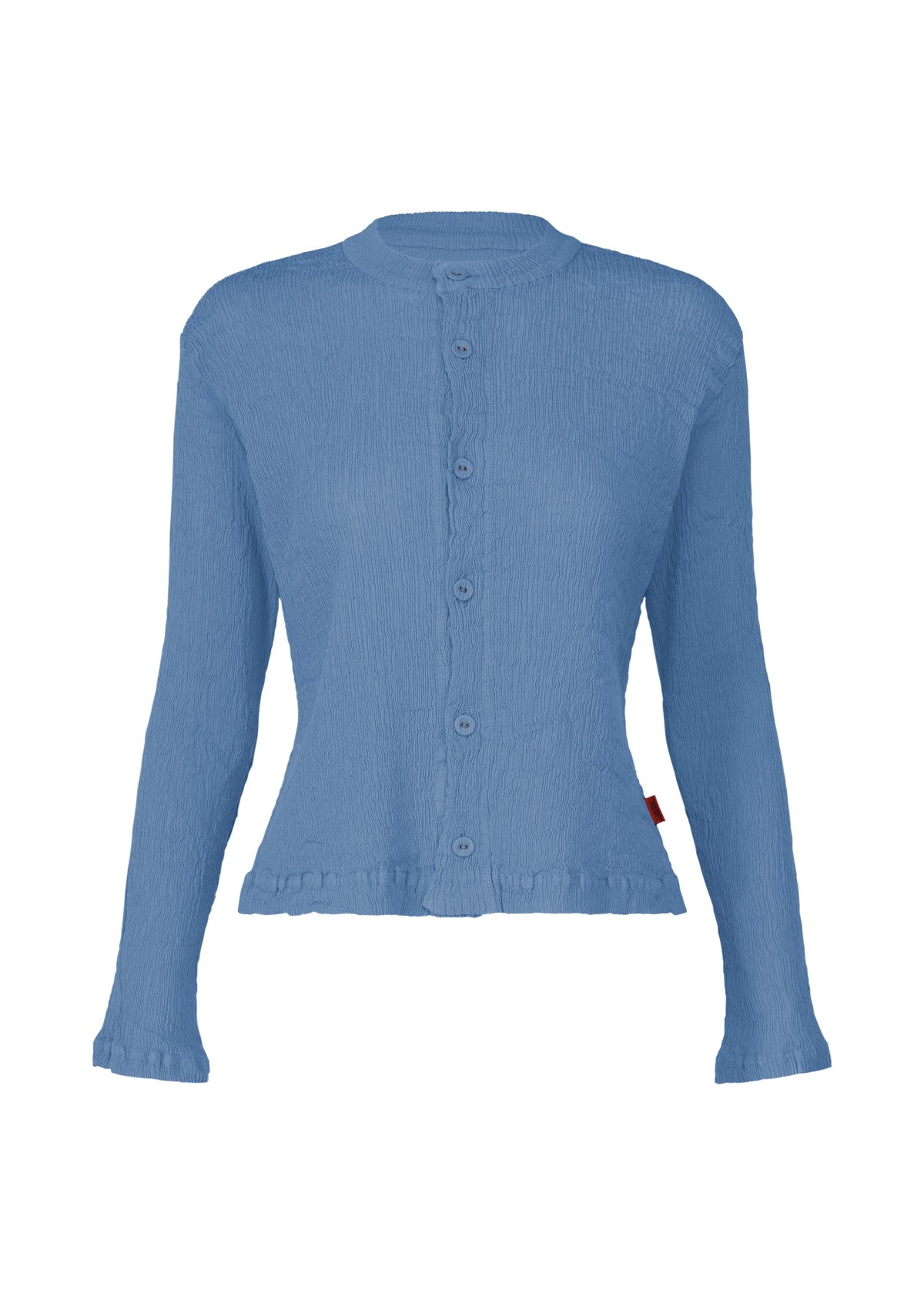 The HaaT KYO CHIJIMI MAY is a long-sleeved, button-up blouse made from ultra-fine crinkled blue cotton yarn, designed with a round neckline plus subtly flared cuffs and hem. view 3 of 8