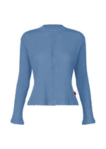 The HaaT KYO CHIJIMI MAY is a long-sleeved, button-up blouse made from ultra-fine crinkled blue cotton yarn, designed with a round neckline plus subtly flared cuffs and hem. - BLUE （no.72）