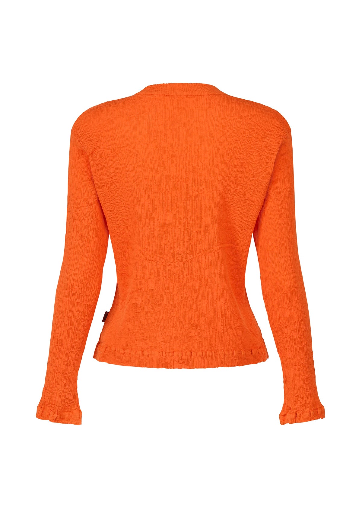 The KYO CHIJIMI MAY cardigan by HaaT, shown from the back, is bright orange and crafted from ultra-fine cotton with a fitted silhouette, textured fabric, and subtle ruffle details at the cuffs and hem. view 4 of 8