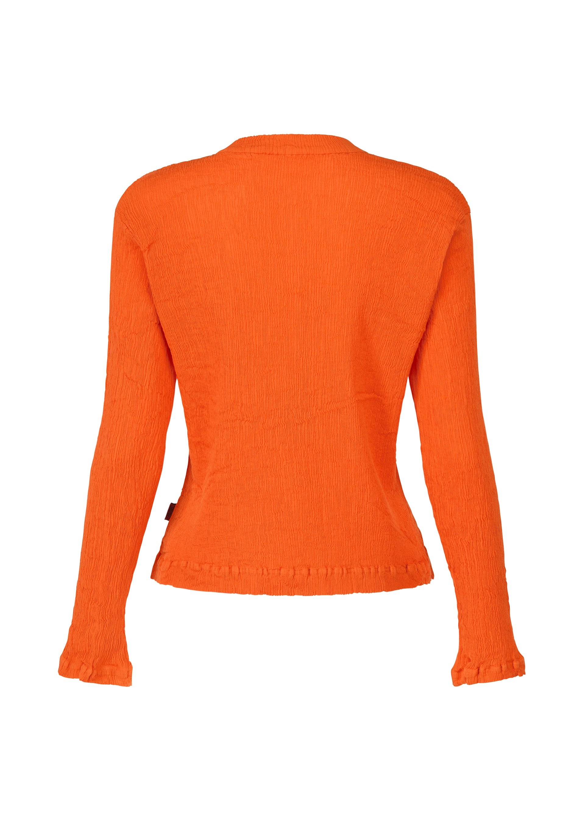 Zoomed view The KYO CHIJIMI MAY cardigan by HaaT, shown from the back, is bright orange and crafted from ultra-fine cotton with a fitted silhouette, textured fabric, and subtle ruffle details at the cuffs and hem.
