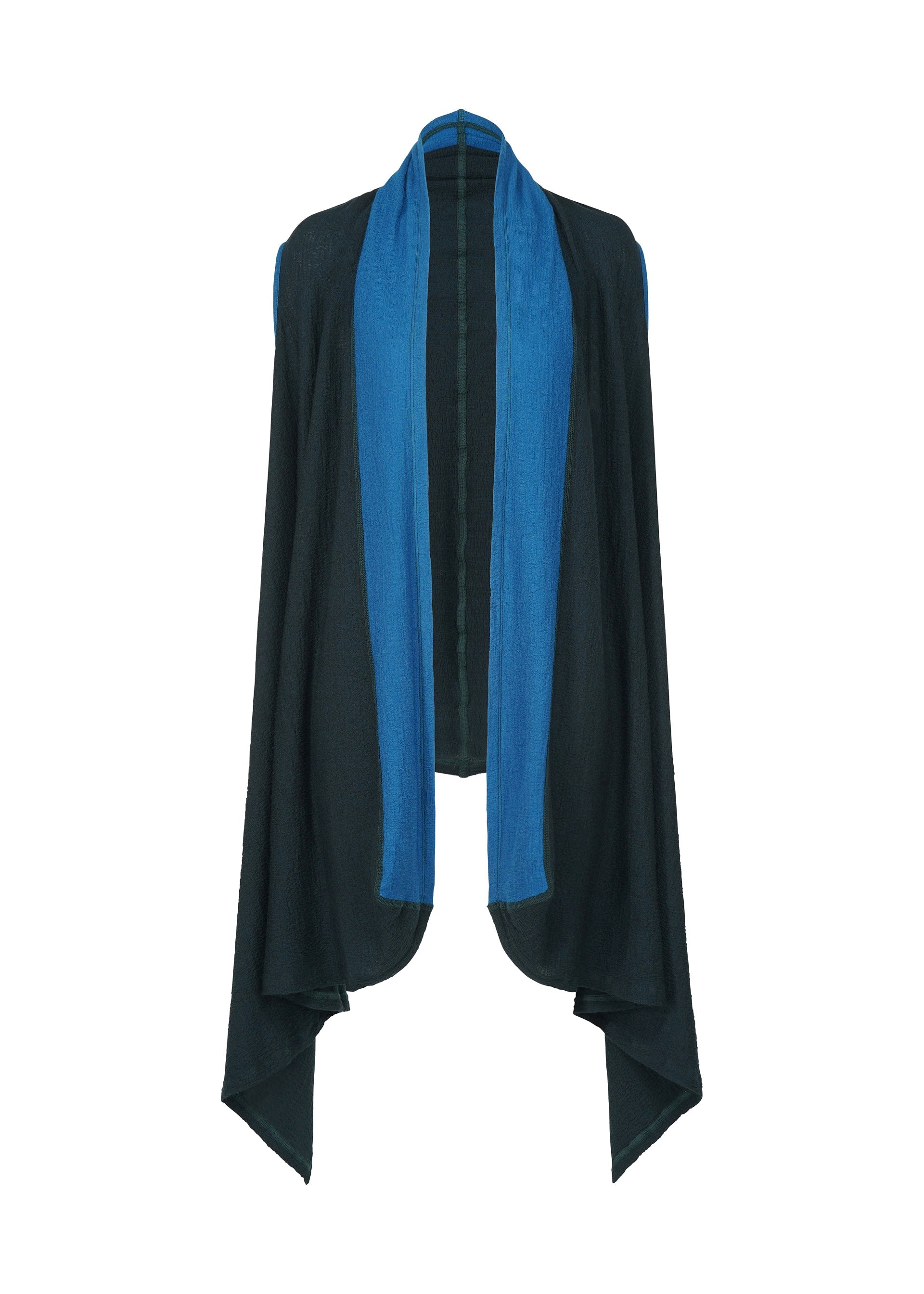 Zoomed view The TRI COLOR WOOL by HaaT is a sleeveless open-front cardigan featuring draped sides in soft jersey, a black body, and a wide contrasting blue trim along the collar and front edges. - GREEN （no.62）