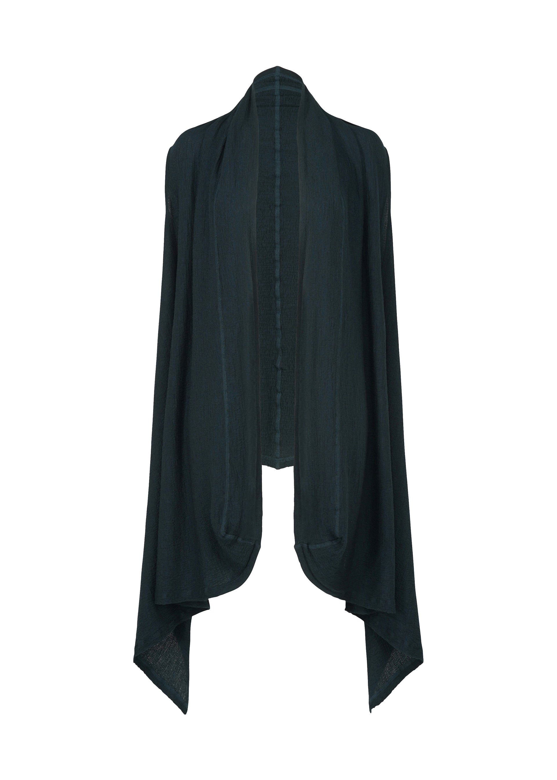 Zoomed view The HaaT TRI COLOR WOOL is a black open-front cardigan with long, flowing sleeves and an asymmetrical hem, crafted from soft jersey fabric and shown against a white background. - DARK GREEN （no.64）