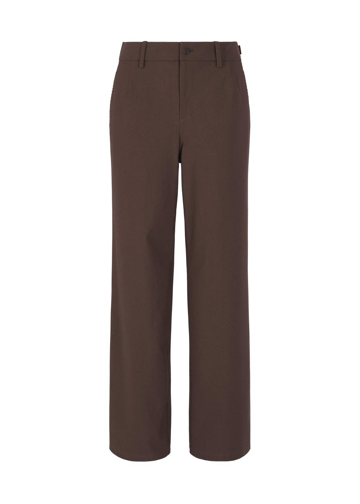 The HaaT NYLON STRETCH BOTTOM features brown straight-leg, durable pants with belt loops, button and zip closure, and side pockets, shown against a white background. view 2 of 8