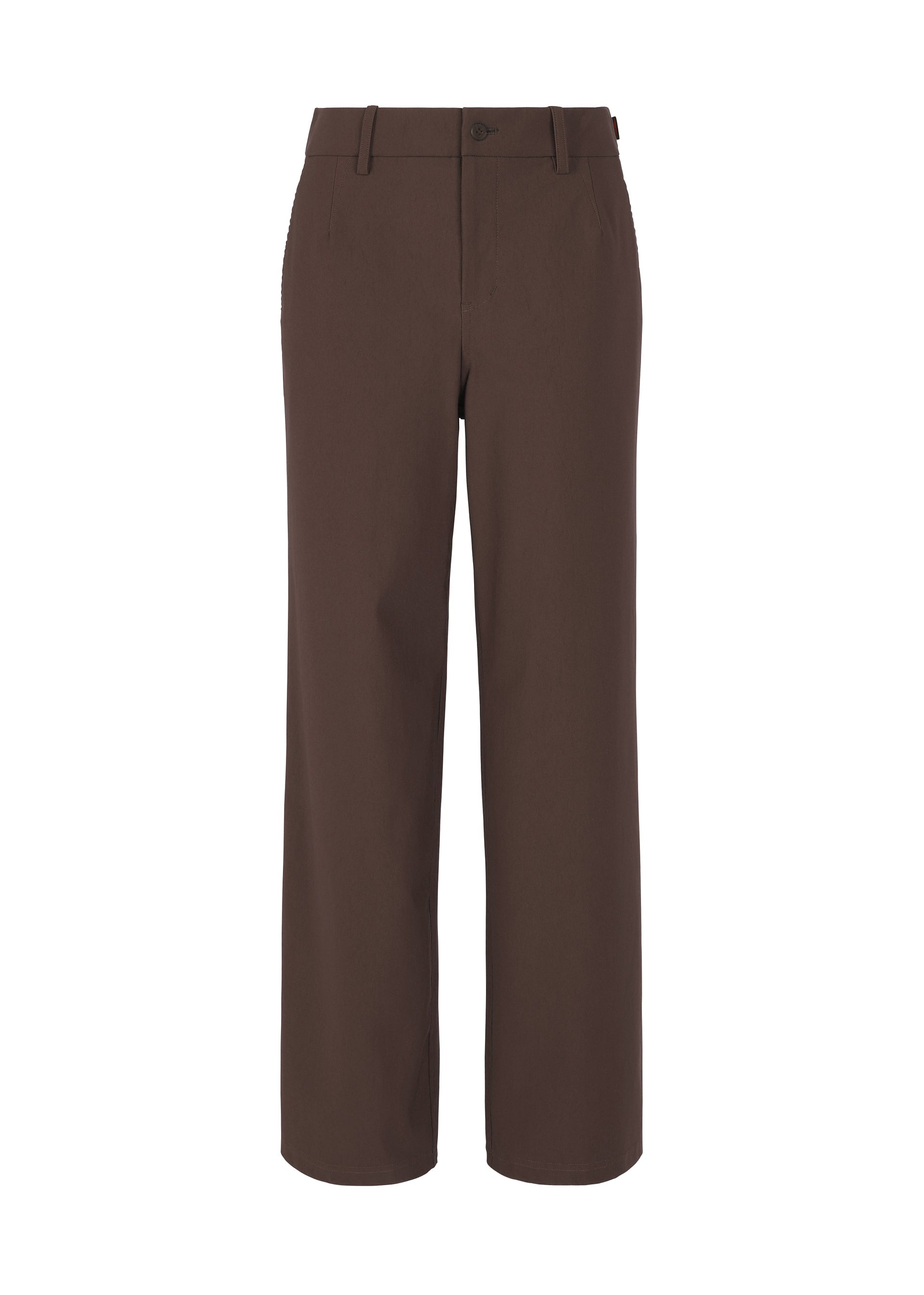 Zoomed view The HaaT NYLON STRETCH BOTTOM features brown straight-leg, durable pants with belt loops, button and zip closure, and side pockets, shown against a white background. - BROWN （no.44）