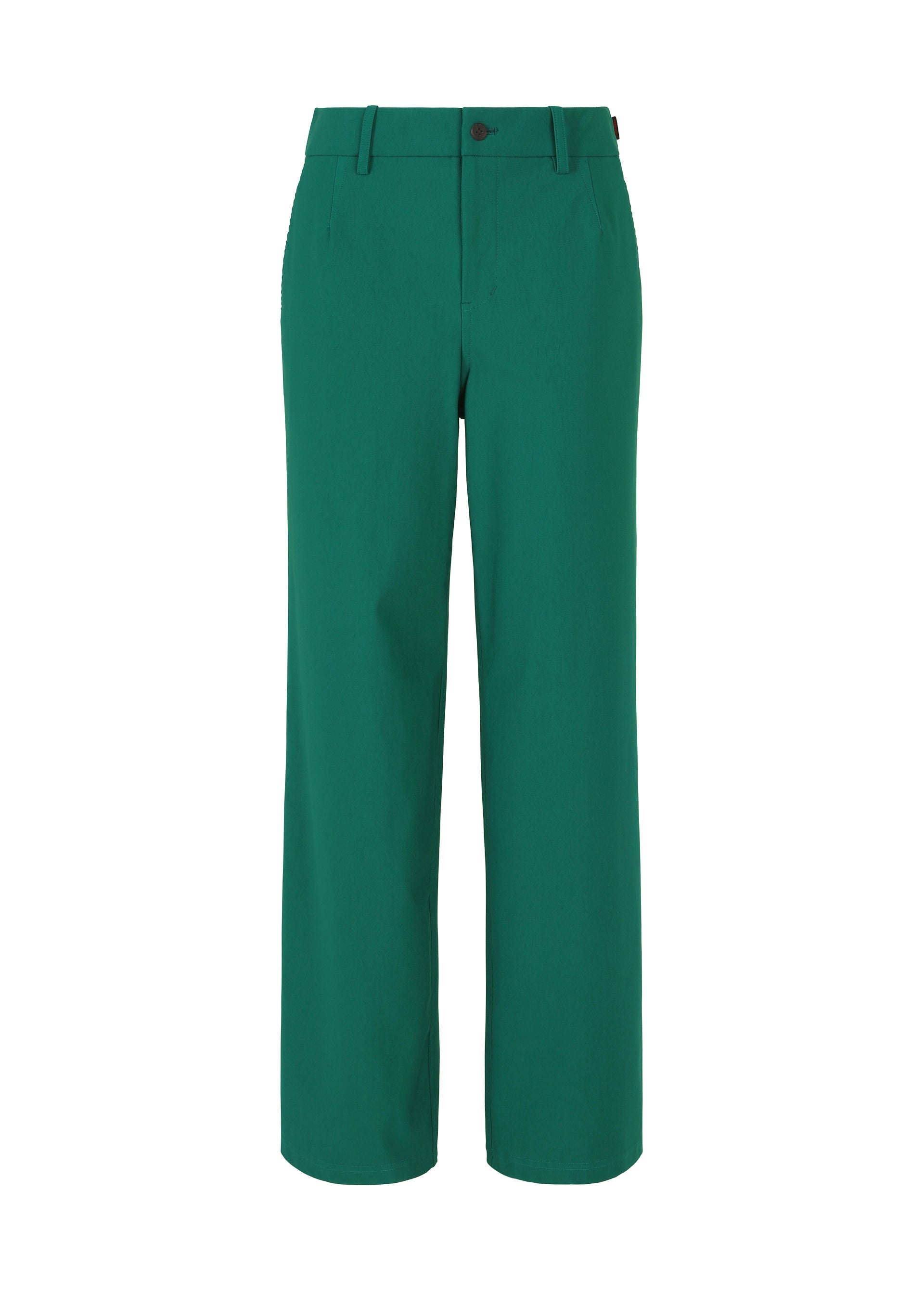 Zoomed view The HaaT NYLON STRETCH BOTTOM features green straight-leg durable pants with belt loops, front button and zip closure, and side pockets, shown on a plain white background.