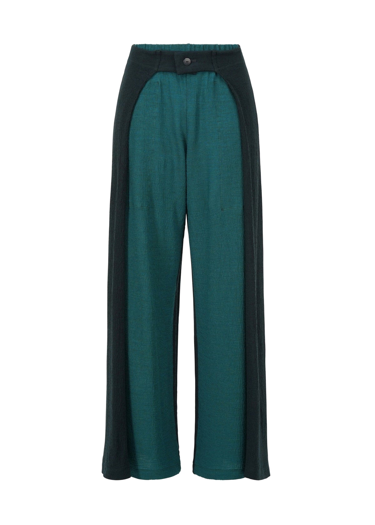 The HaaT TRI COLOR WOOL pants feature a wide-leg, high-waisted cut with button closure, teal center panel and black side panels in a color-blocked design. Made from lightweight, textured wool for a relaxed fit and stylish comfort. view 2 of 13