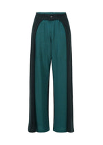 The HaaT TRI COLOR WOOL pants feature a wide-leg, high-waisted cut with button closure, teal center panel and black side panels in a color-blocked design. Made from lightweight, textured wool for a relaxed fit and stylish comfort. - GREEN （no.62）