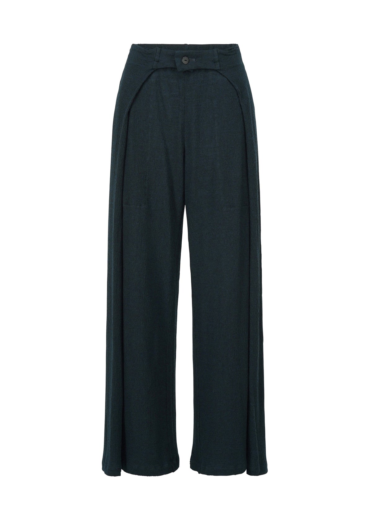 The TRI COLOR WOOL pants by HaaT feature wide-leg, high-waisted black design with a relaxed fit, single button and zipper closure, unique curved front seams, and loose, flowing legs. view 3 of 13