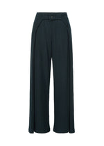 The TRI COLOR WOOL pants by HaaT feature wide-leg, high-waisted black design with a relaxed fit, single button and zipper closure, unique curved front seams, and loose, flowing legs. - DARK GREEN （no.64）