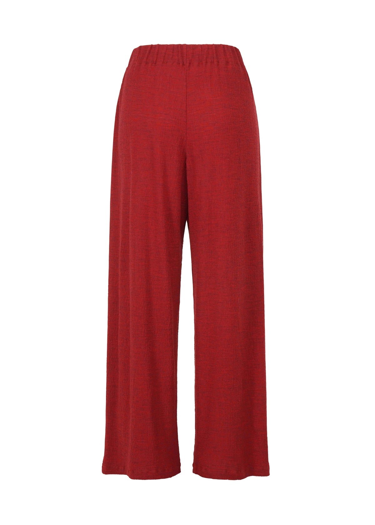 The HaaT TRI COLOR WOOL pants feature a wide-leg, high-waisted design with an elastic waistband and relaxed fit in textured red fabric, displayed against a plain white background. view 4 of 13