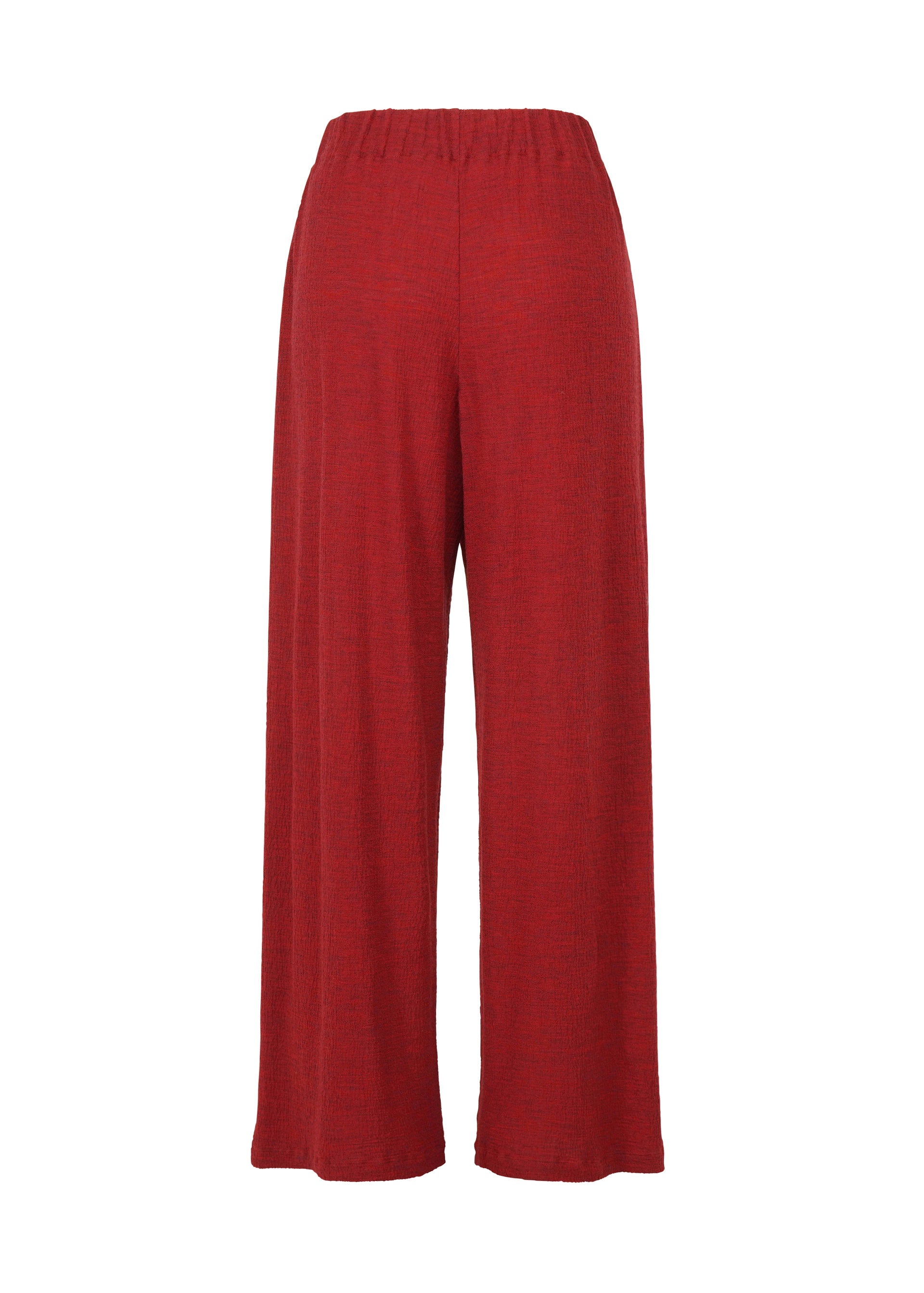 Zoomed view The HaaT TRI COLOR WOOL pants feature a wide-leg, high-waisted design with an elastic waistband and relaxed fit in textured red fabric, displayed against a plain white background.