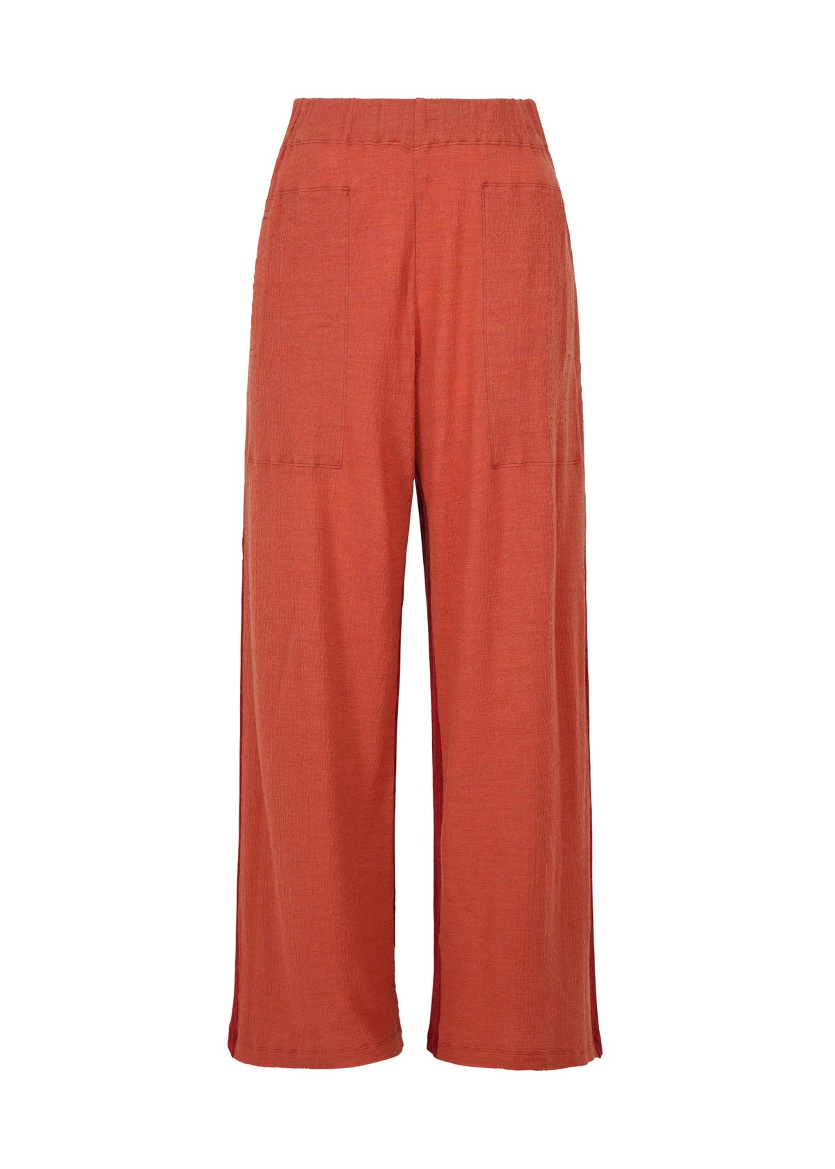 The TRI COLOR WOOL pants by HaaT feature a wide-leg, high-waisted relaxed fit in rust orange with two large front patch pockets, subtle textured fabric, and a straight hem for effortless style and comfort. view 6 of 13