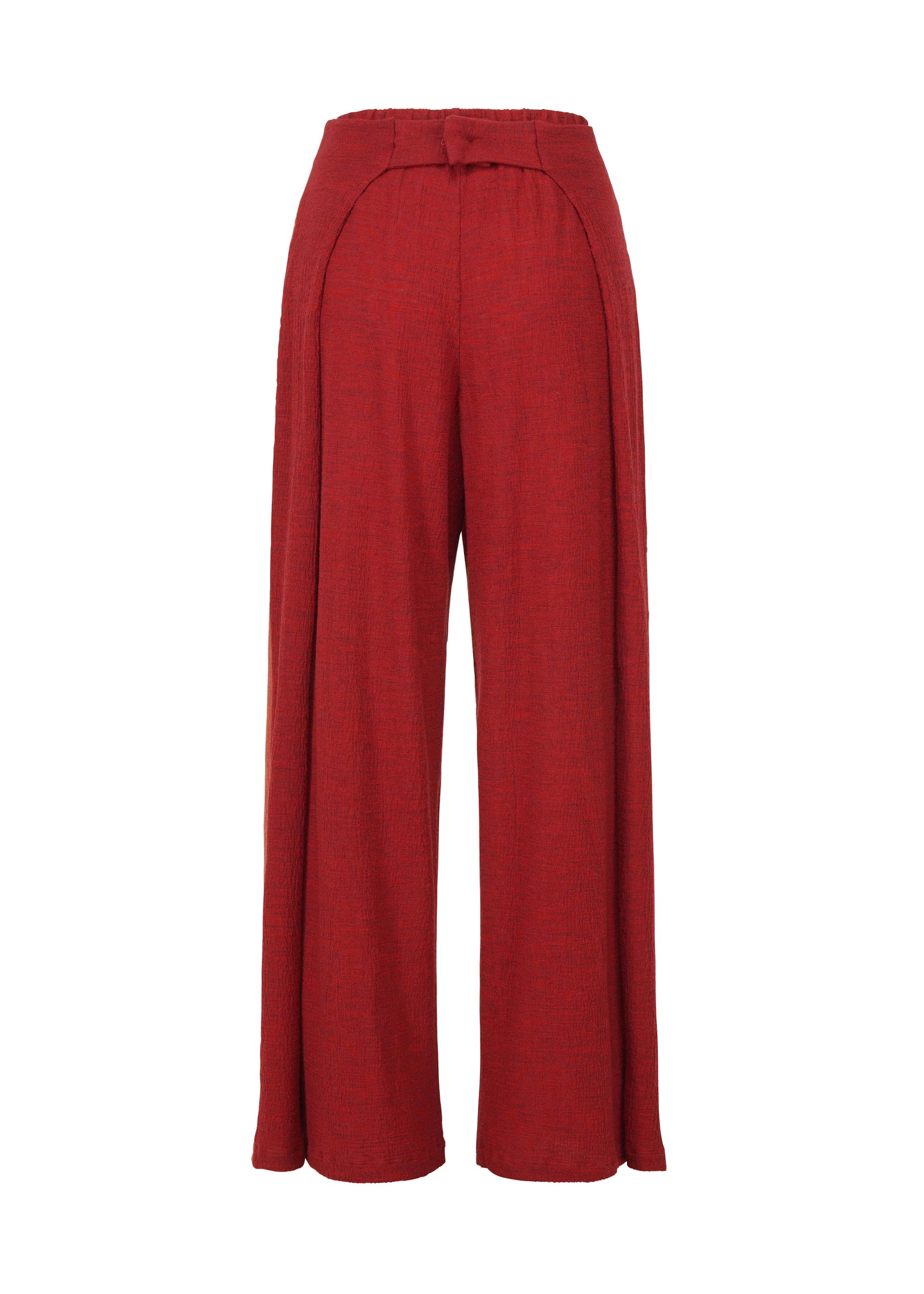 Zoomed view The HaaT TRI COLOR WOOL features high-waisted, wide-leg red pants in textured fabric with a relaxed fit, seam details down the front, and a matching fabric belt.