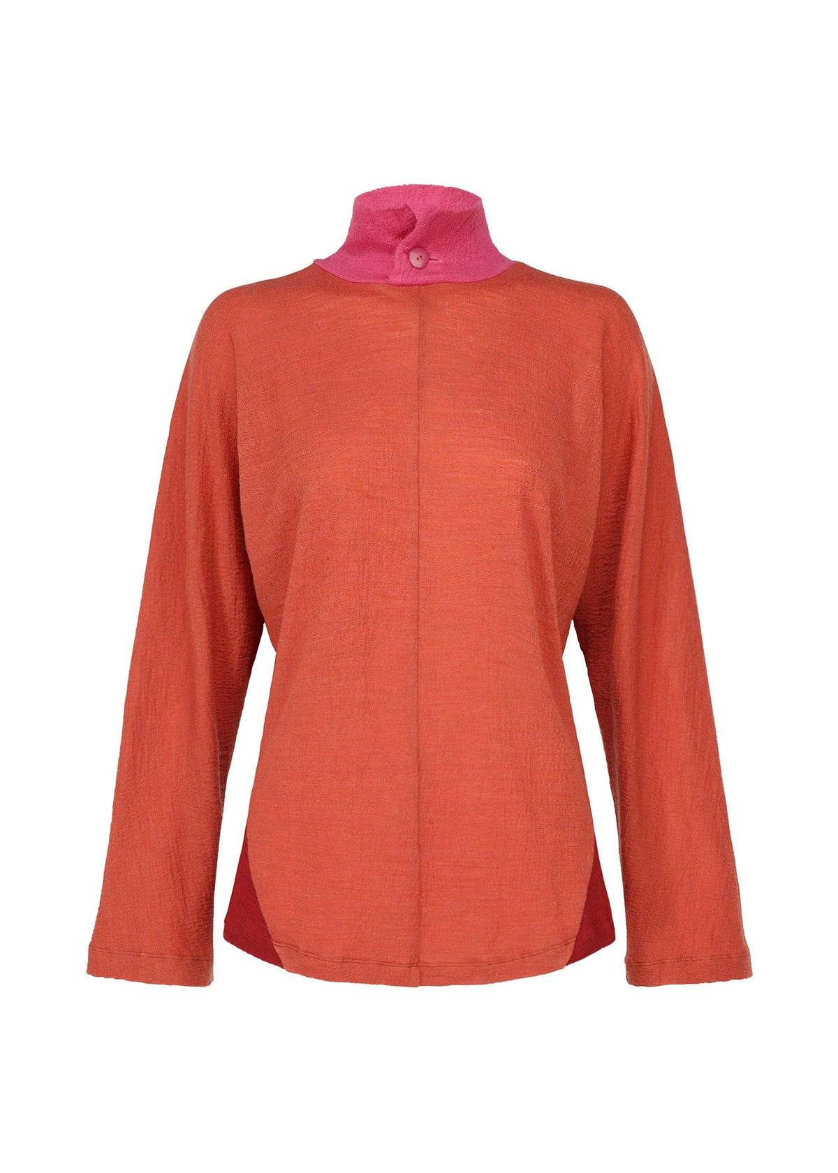 The HaaT TRI COLOR WOOL is a loose-fitting, long-sleeved orange merino wool top featuring a high pink collar with a single pink button, shown against a white background. view 2 of 16
