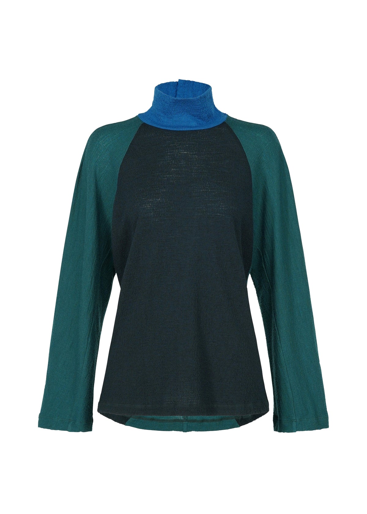 The HaaT TRI COLOR WOOL is a long-sleeved, semi-sheer jersey top with dark green sleeves, a black body, a blue mock turtleneck collar, lightweight fabric, and a curved hem. view 3 of 16