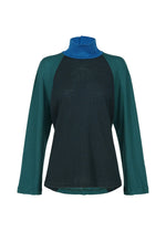 The HaaT TRI COLOR WOOL is a long-sleeved, semi-sheer jersey top with dark green sleeves, a black body, a blue mock turtleneck collar, lightweight fabric, and a curved hem. - GREEN （no.62）