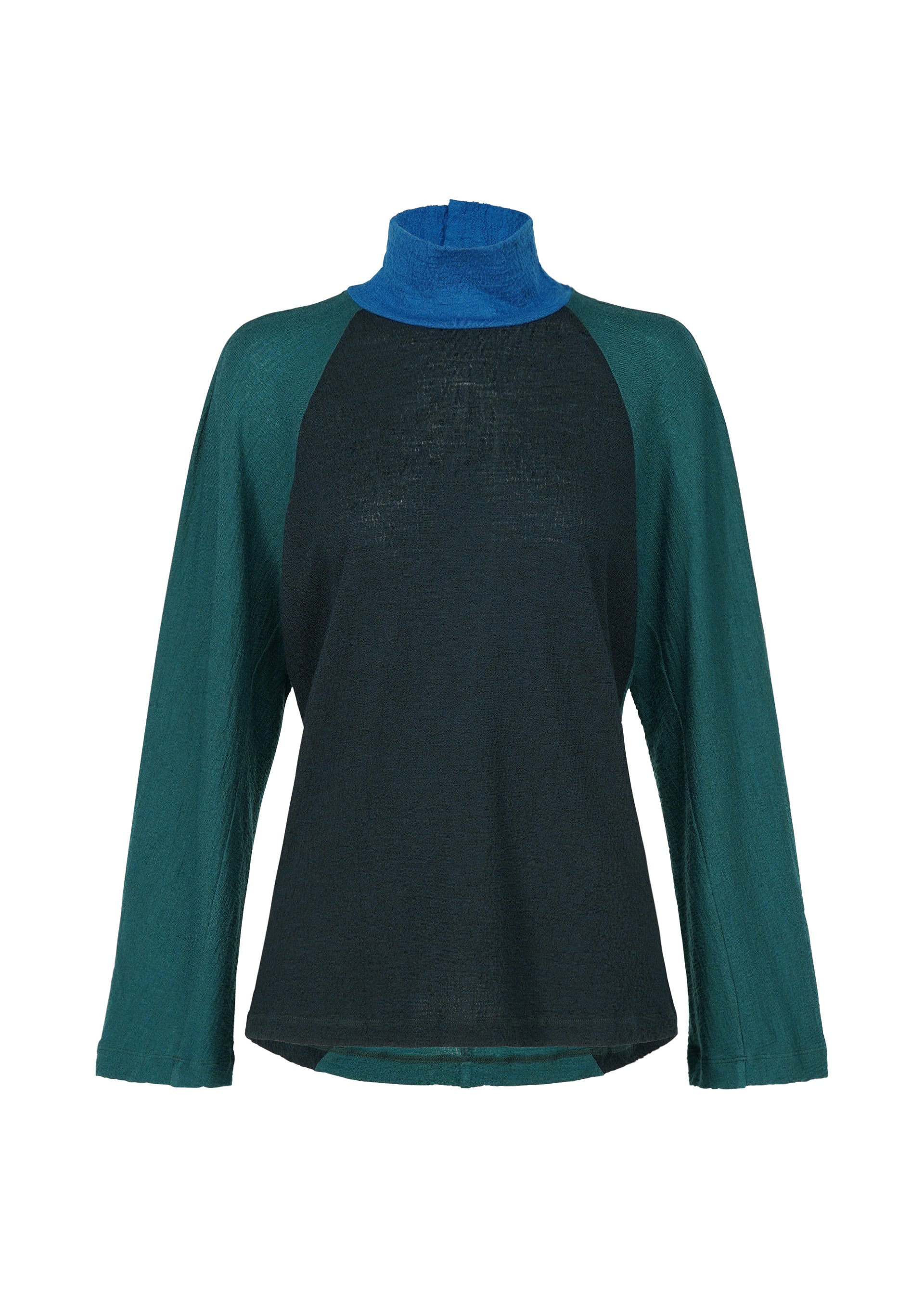 Zoomed view The HaaT TRI COLOR WOOL is a long-sleeved, semi-sheer jersey top with dark green sleeves, a black body, a blue mock turtleneck collar, lightweight fabric, and a curved hem. - GREEN （no.62）
