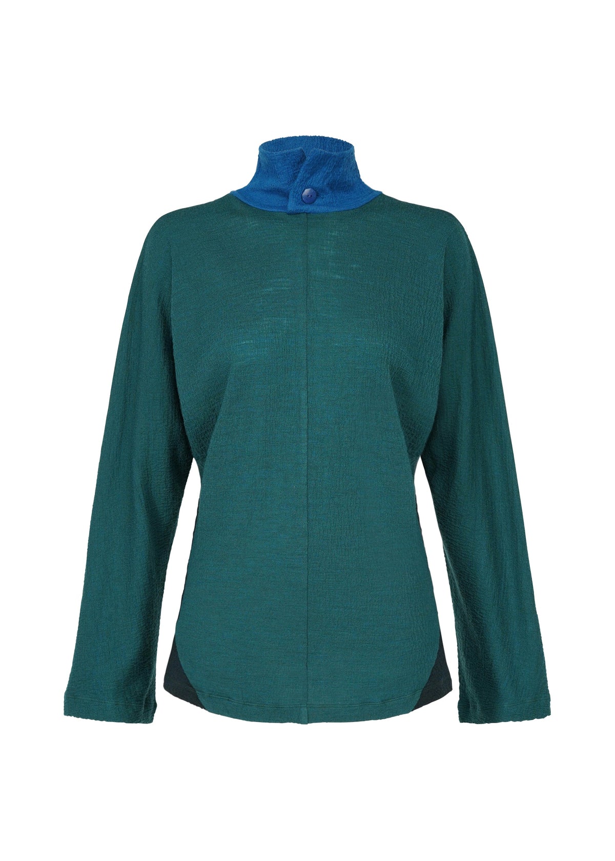 The HaaT TRI COLOR WOOL is a long-sleeve teal jacket with a high blue collar, single neck button, black side accents, and multicolor jersey details inspired by garment dyeing. view 4 of 16