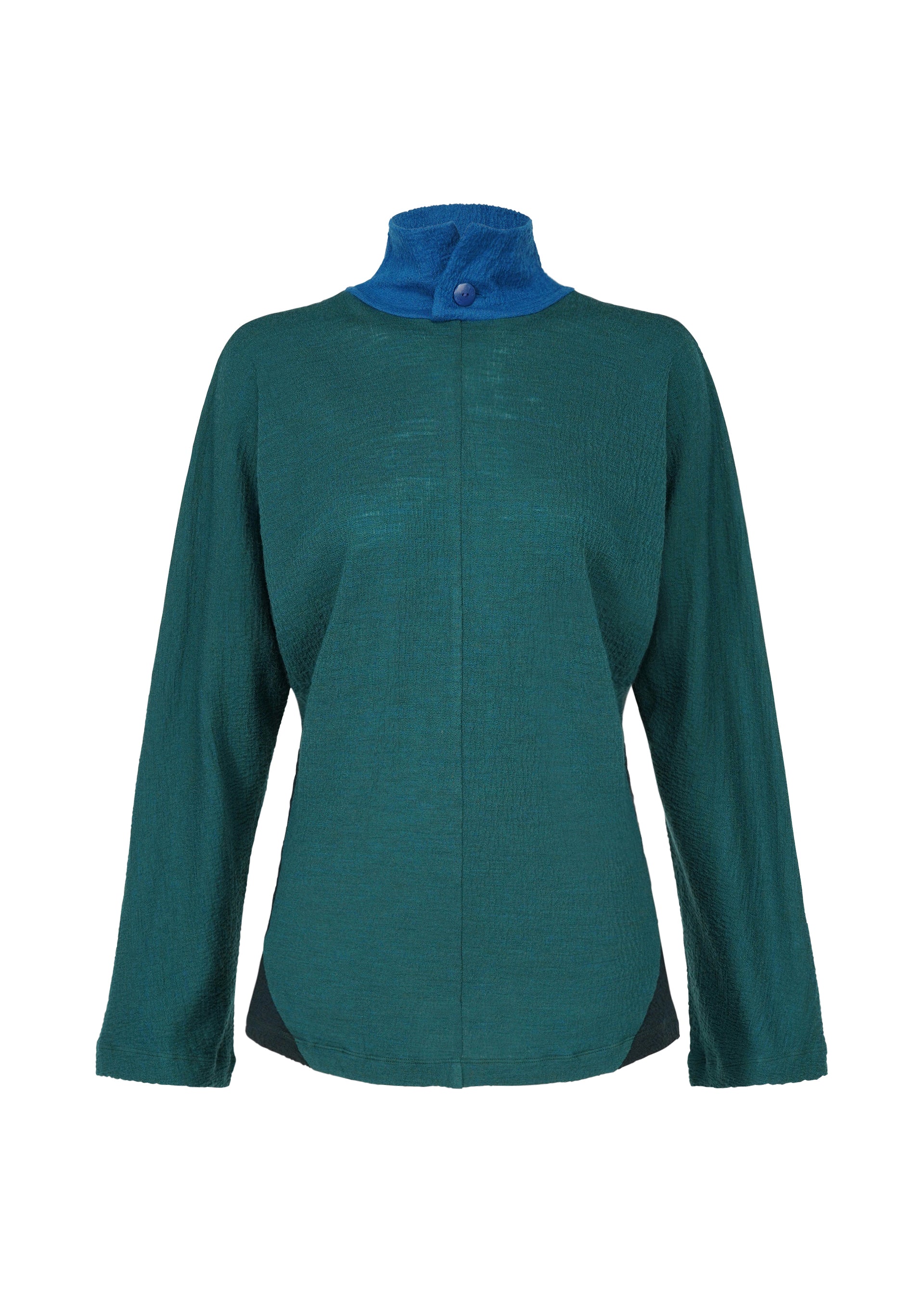 Zoomed view The HaaT TRI COLOR WOOL is a long-sleeve teal jacket with a high blue collar, single neck button, black side accents, and multicolor jersey details inspired by garment dyeing.