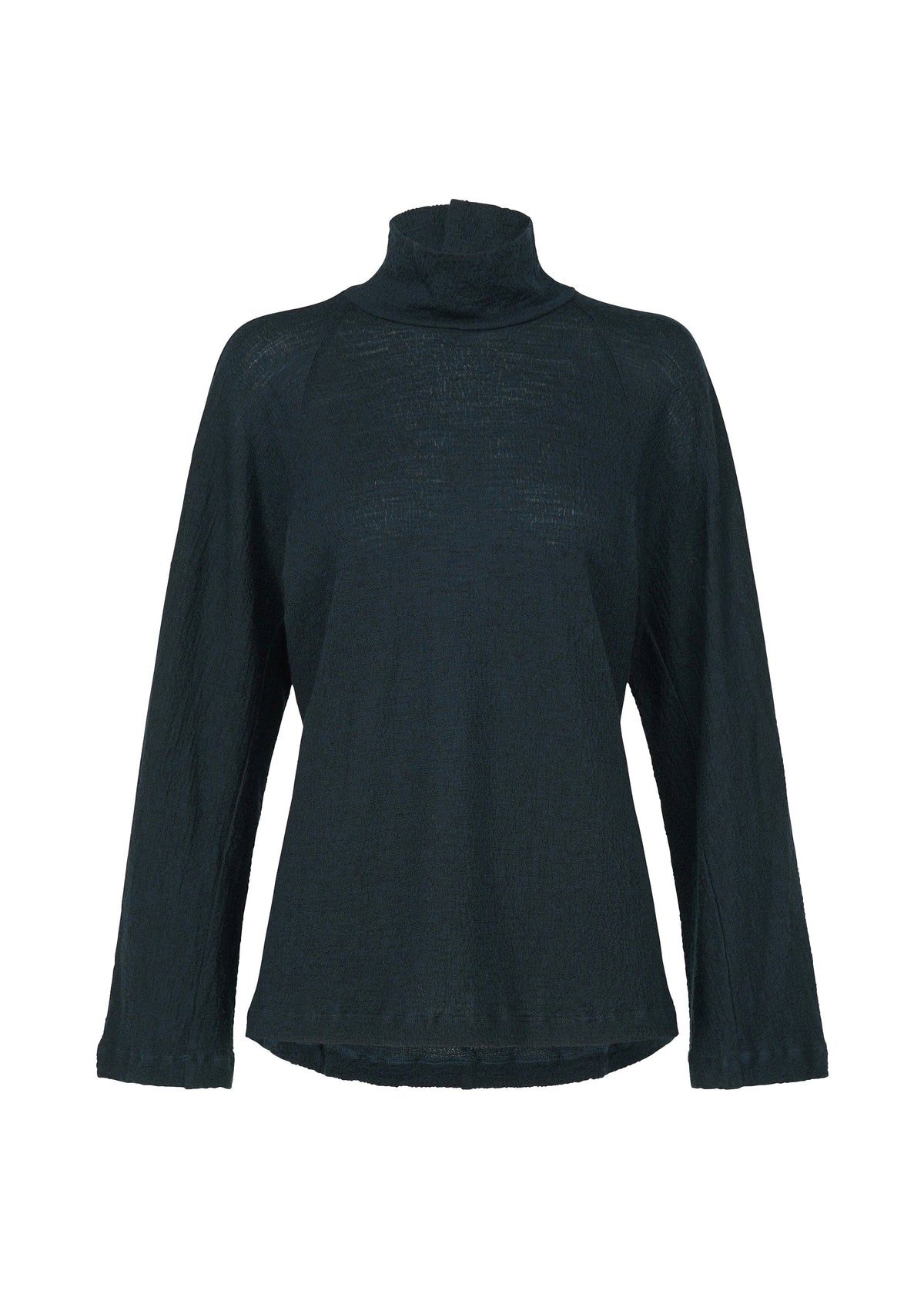The HaaT TRI COLOR WOOL is a black, long-sleeve merino wool top featuring a high neck, loose fit, and slightly flared sleeves, shown against a white background. view 5 of 16