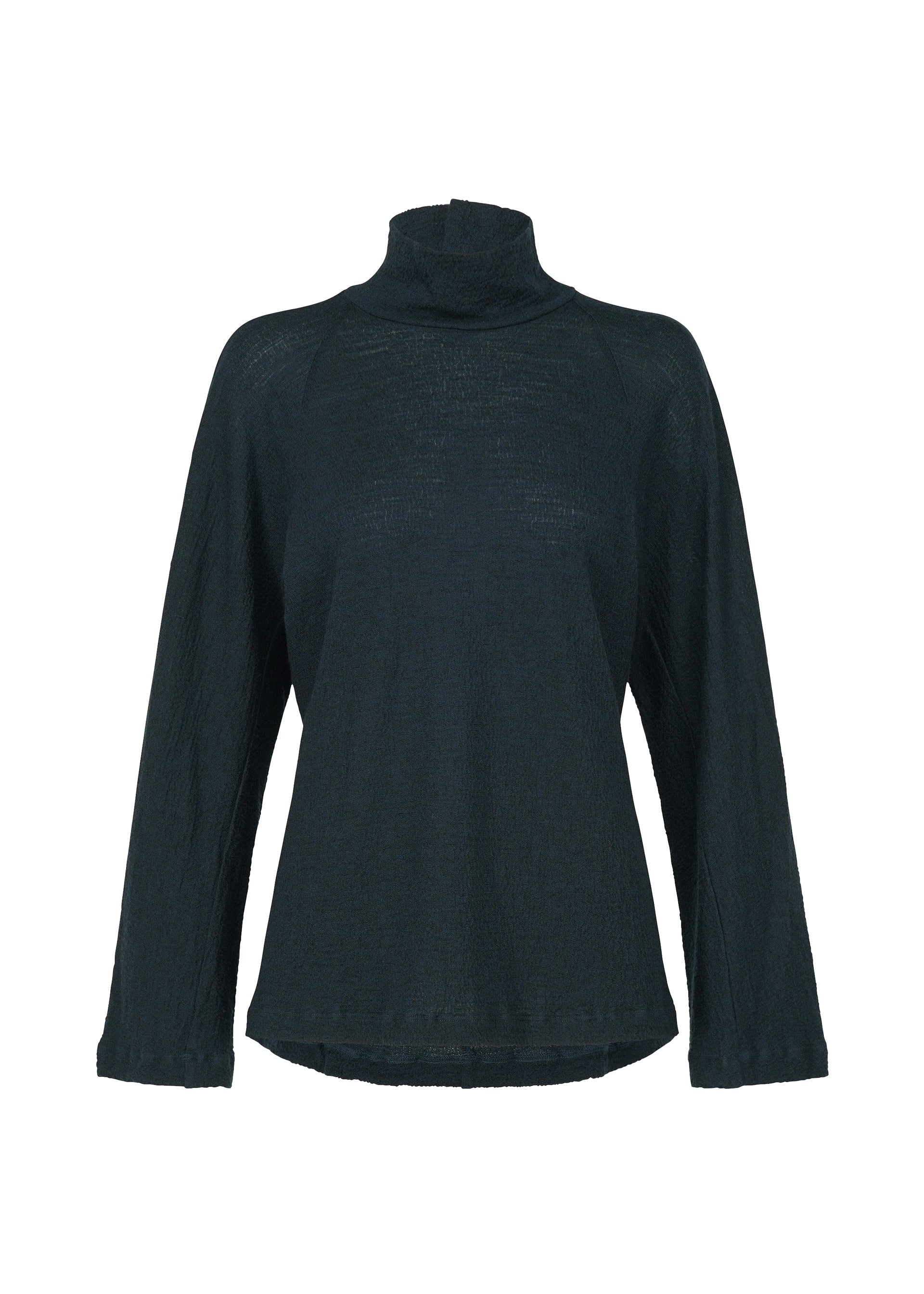 Zoomed view The HaaT TRI COLOR WOOL is a black, long-sleeve merino wool top featuring a high neck, loose fit, and slightly flared sleeves, shown against a white background. - DARK GREEN （no.64）