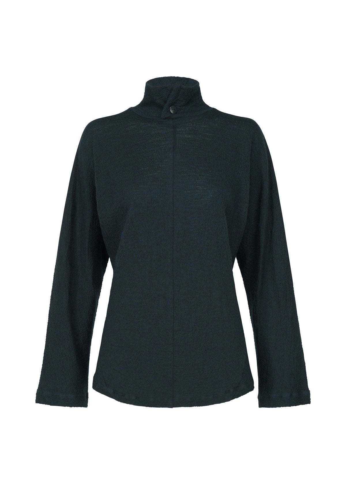The HaaT TRI COLOR WOOL blouse is long-sleeved, black, with a high collar and single neck button. Displayed on a white background, it features a loose fit, subtle texture, and is crafted using garment dyeing techniques. view 6 of 16