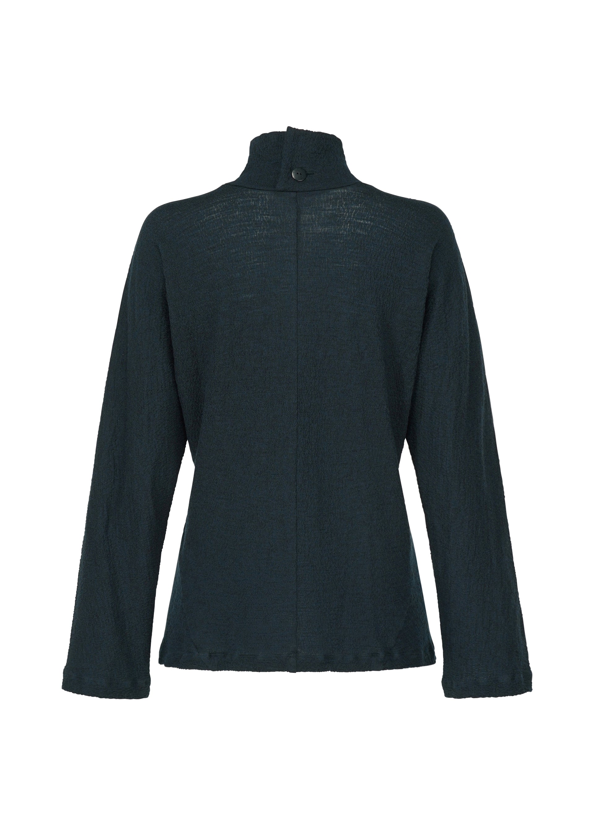 Zoomed view The TRI COLOR WOOL by HaaT is a long-sleeve, dark jacket with a high collar and single rear button. Shown from the back, its textured lightweight fabric features garment dyeing for distinctive depth and character.