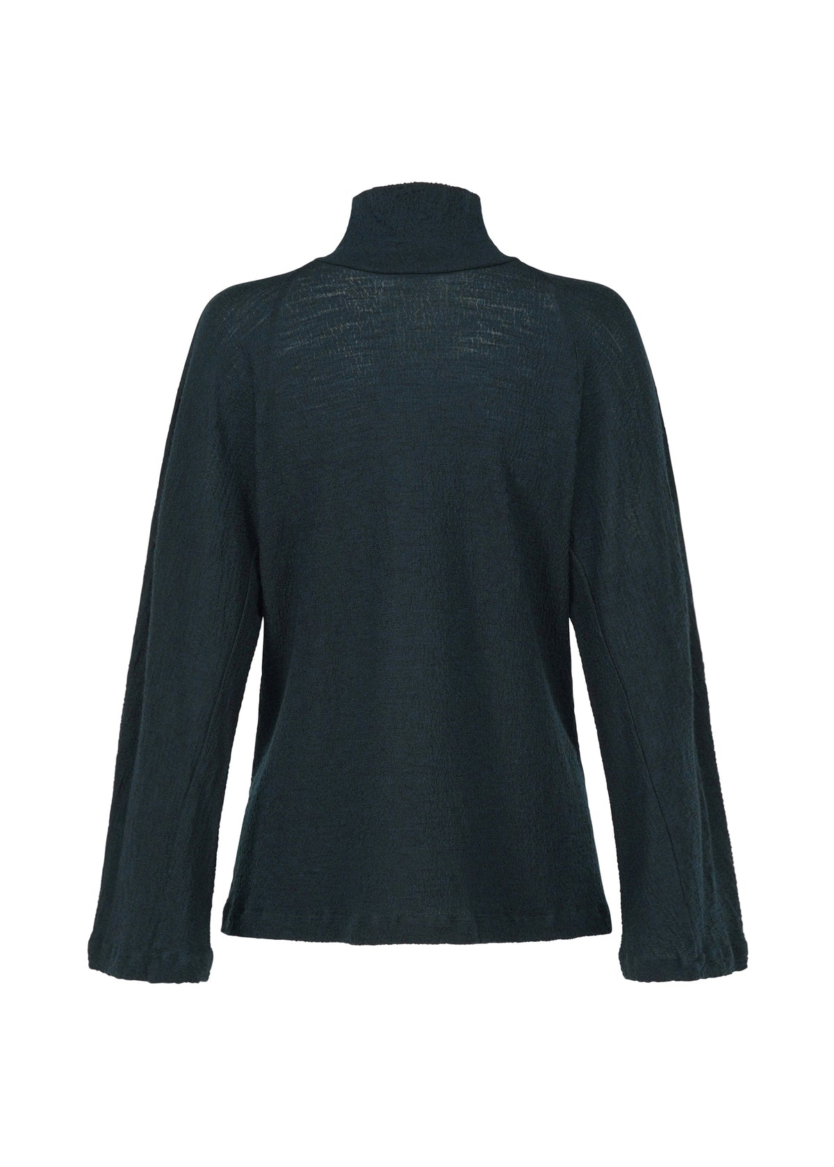 The TRI COLOR WOOL top by HaaT is a dark, long-sleeve, high-neck merino wool piece shown from the back on a white background. Its fabric looks soft and slightly sheer with a relaxed fit. view 8 of 16