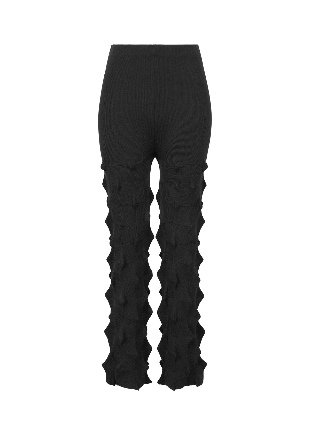 The ZIG ZAG KNIT pants by HaaT are black, high-waisted with flared legs and a distinctive 3D zigzag texture on the front and sides. Made from soft organic cotton, they feature a fitted, plain waistband for a sleek look. view 2 of 7