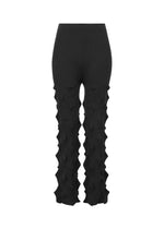 The ZIG ZAG KNIT pants by HaaT are black, high-waisted with flared legs and a distinctive 3D zigzag texture on the front and sides. Made from soft organic cotton, they feature a fitted, plain waistband for a sleek look. - BLACK （no.15）